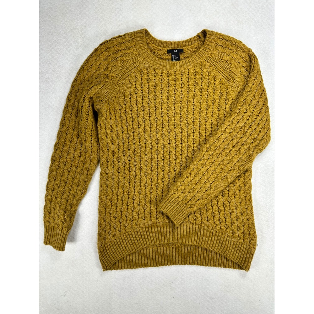 H&M Mustard Yellow Cable Knit Sweater Womens XS Crew Neck Raglan Long Sleeve